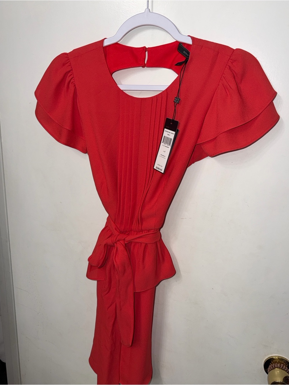 BCBGMaxAzria Coral-Red Pintuck Flutter-Sleeve Tie-Waist Dress